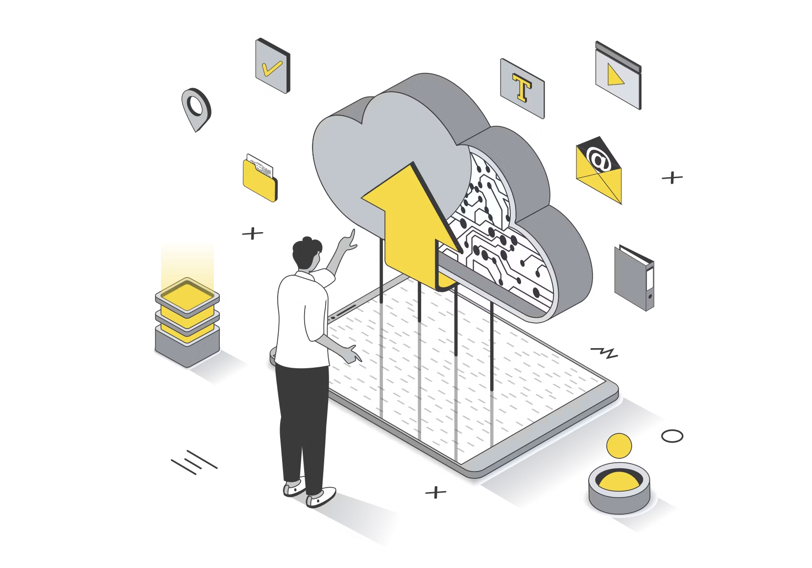 Illustration of a person uploading accounts and files to the cloud during a migration