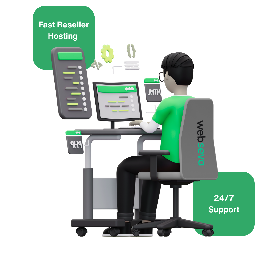 Illustration of a hosting entrepreneur managing their reseller business, backed by WebSeva infrastructure